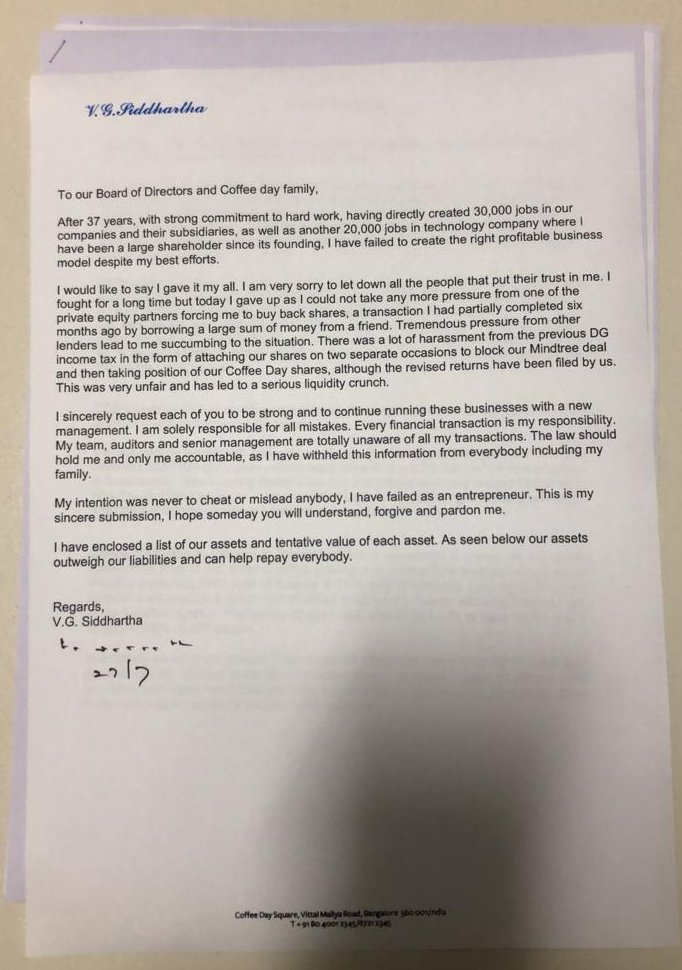 VG Siddhartha Letter to CCD Staff