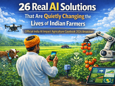 Indian farmers using AI and smart farming technology to improve crop management and yield in 2026.