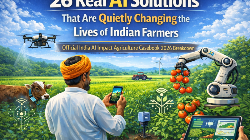 Indian farmers using AI and smart farming technology to improve crop management and yield in 2026.